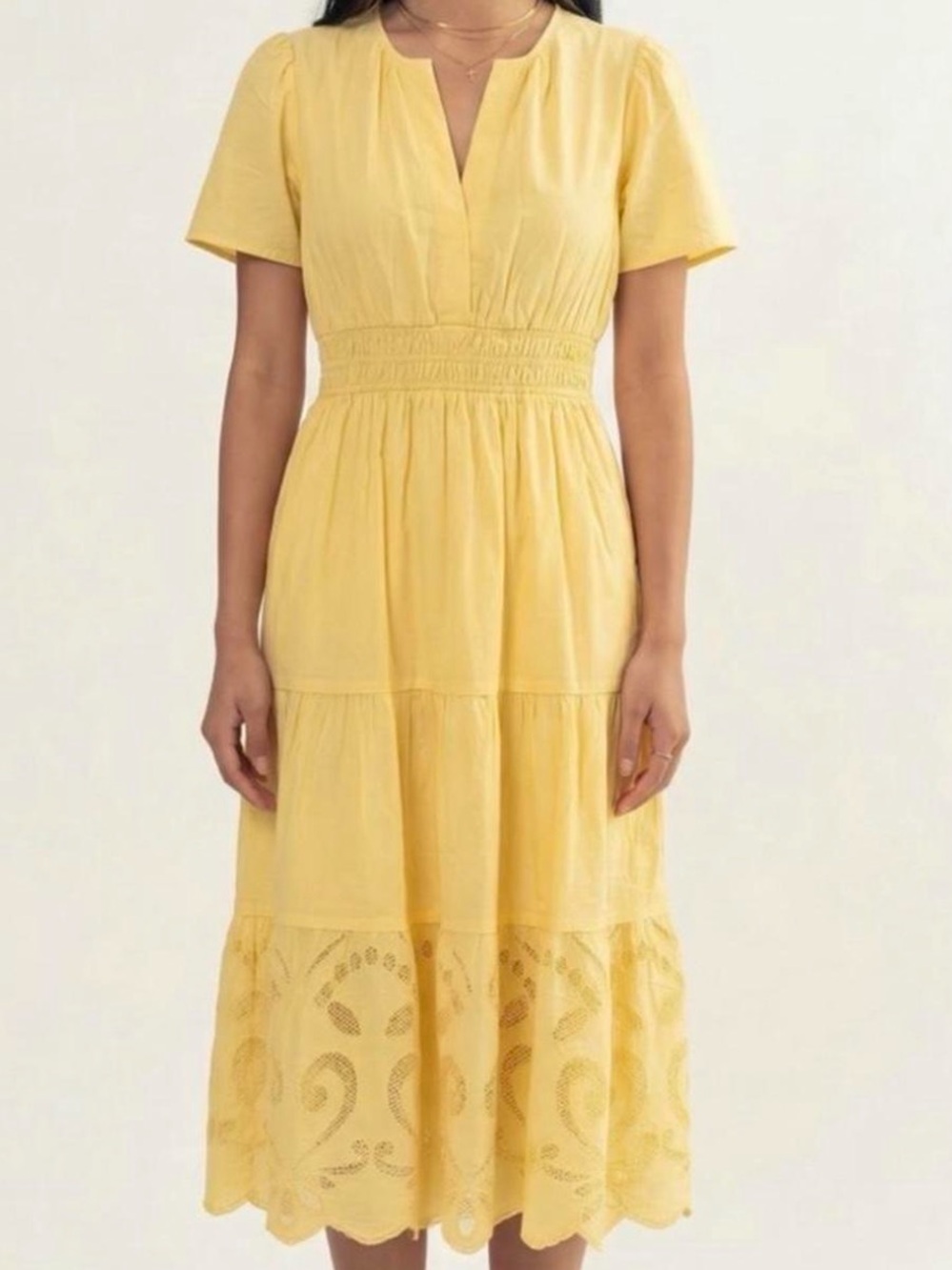 Haute Hippie Yellow Tiered Eyelet Midi Dress
